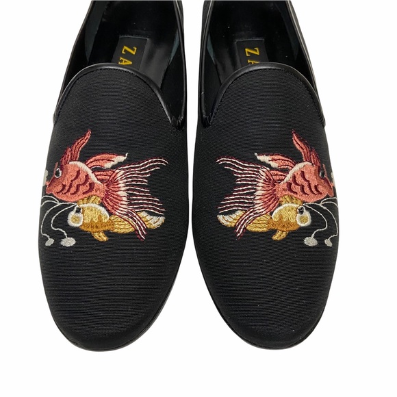 ZALO Black Faille Silk Koi Fish Embroidered Smoking Loafers - Picture 2 of 10
